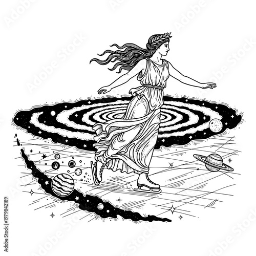 Greek goddess Artemis running on cosmic energy waves in monochrome illustration