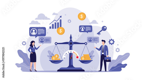Business professionals weighing financial options on a balanced scale to reach a fair agreement and achieve economic stability in their project.