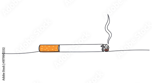Smoking cigarette with smoke rising, minimalist line art illustration