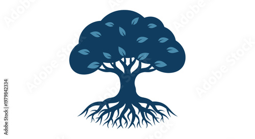 Stylized Blue Tree with Visible Roots and Leaves, Symbol of Growth and Nature
