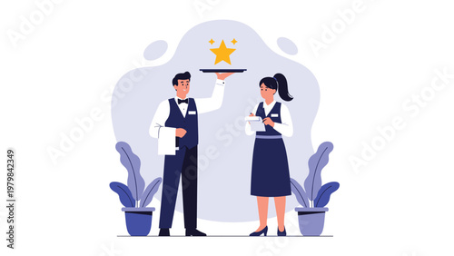 Professional restaurant staff providing excellent five star customer service with a waiter carrying a tray and a waitress taking notes.