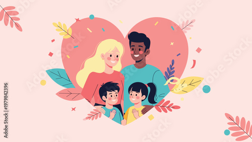 Happy diverse family of four smiling together inside a large pink heart representing love, unity, and strong domestic emotional bonds.