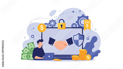 Reliable online business transaction represented by a handshake on a laptop screen with financial security symbols and piles of money.