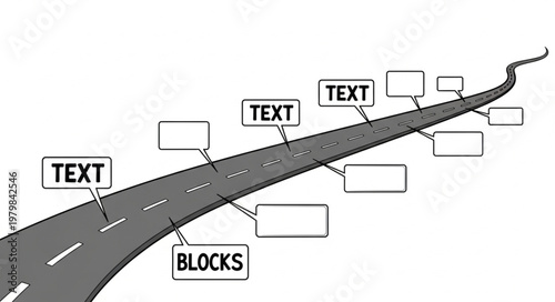 Road with text blocks and blank spaces leading to horizon.