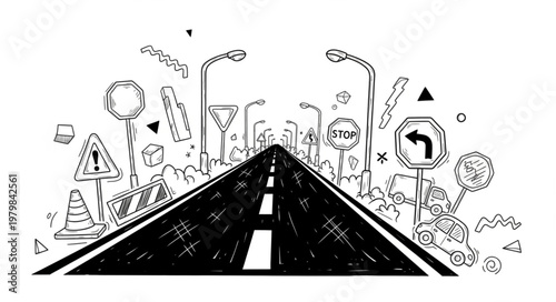 Road with traffic signs and streetlights illustration.
