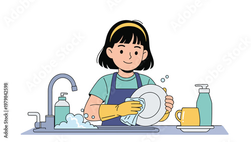Responsible young girl wearing an apron and gloves while carefully washing dishes in a kitchen sink full of soapy water bubbles.