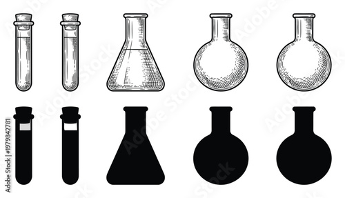 Collection of Scientific Glassware: Test Tubes and Flasks in Engraved and Silhouette Styles