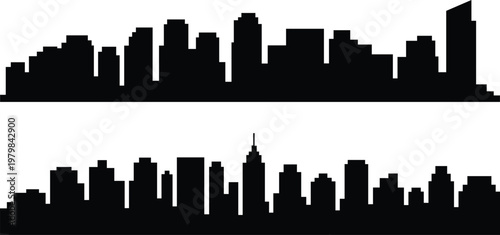 Two stylized black cityscape silhouettes showcasing diverse building heights and architectural forms against a white background
