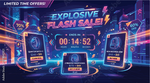 Explosive Flash Sale Vector Illustration Limited Time Offer Discount Shopping Cyber Monday Promotion Graphic Design