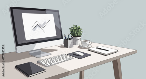 Modern Office Desk Setup with Computer and Supplies.