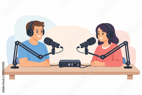 Two people with headphones and microphones are recording a podcast together, sitting at a table with audio equipment, creating engaging content for listeners