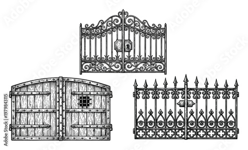 Collection of Three Ornate and Rustic Gates in Black and White