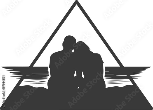 Couple silhouette against sunset triangle over water with minimalist design