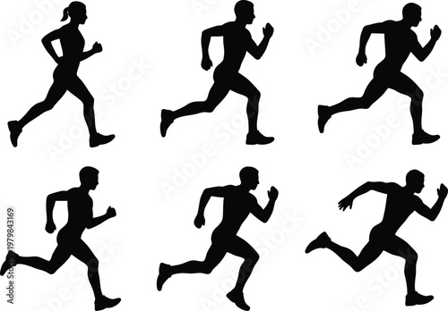 Silhouettes of three men and one woman running in different dynamic poses captured from a side view isolated on transparent background