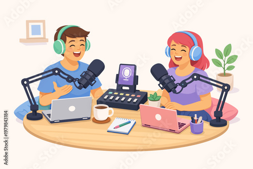 Vibrant illustration of two enthusiastic hosts producing an informative podcast episode, discussing topics with microphones and studio gear