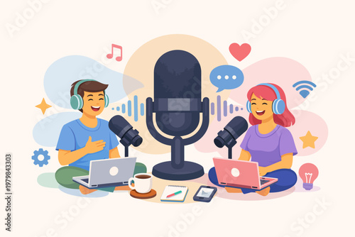Diverse hosts collaborate on an engaging podcast, creating captivating audio content for a global audience, embodying modern digital broadcasting