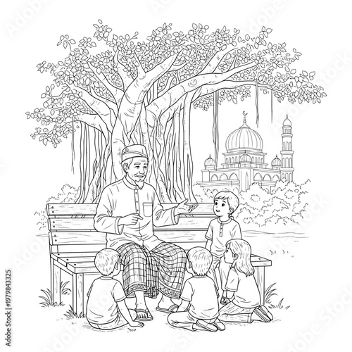 Traditional Middle Eastern storyteller with children under blossoming tree in ink illustration