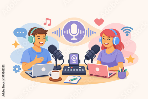 Illustration of two happy people recording a podcast together with microphones and laptops, symbolizing communication and connection