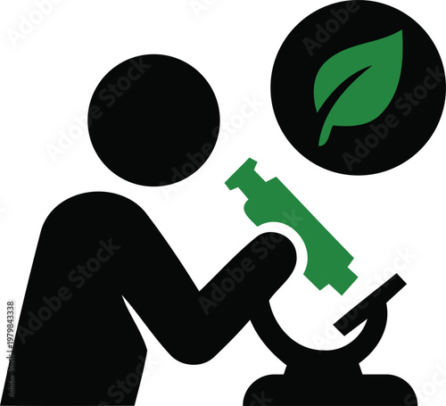Green microscope and leaf icon with person examining plant science concept  simple flat design elements for infographics and educational materials