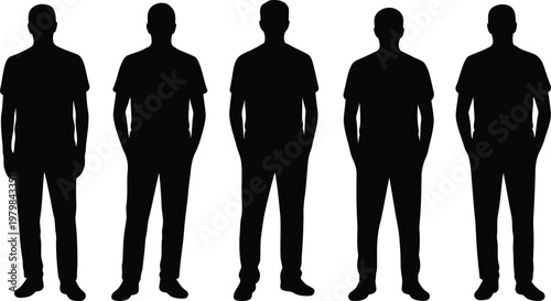 Five diverse male silhouettes standing with hands in pockets isolated on a white background showcasing casual attire