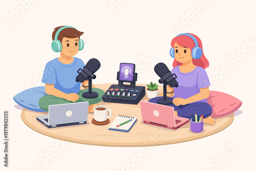 Engaging podcast recording session with two hosts in a cozy, modern home studio environment, featuring pastel color accents and essential audio equipment
