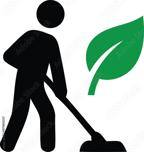 Man holding green leaf and broom for cleaning and gardening  eco friendly lifestyle  taking care of environment  simple flat design