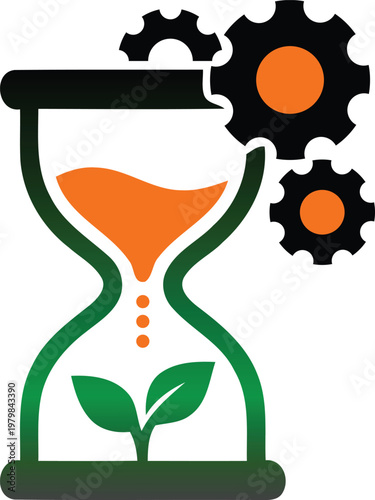 Hourglass with green outline and plant inside and gears on white background