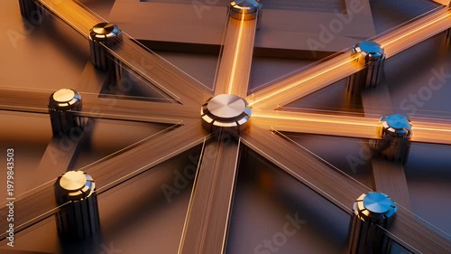 Abstract Network Connections With Glowing Orange Light Trails Moving Through Center