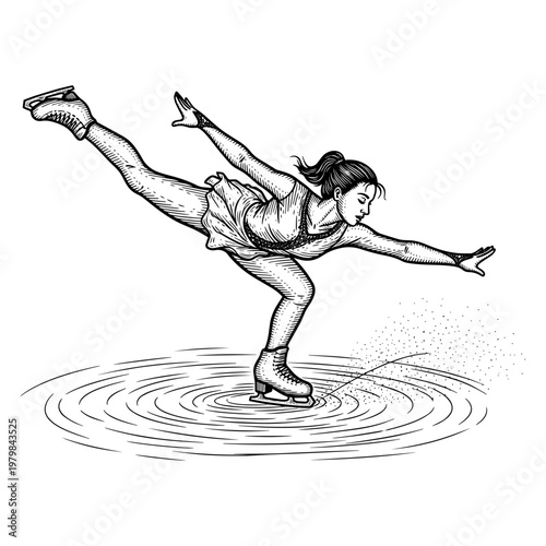 Female ice skater performing elegant spin on rink in black and white line art illustration