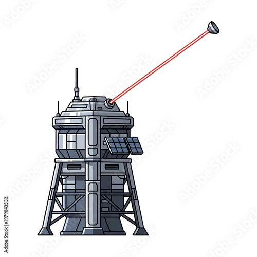 Sci-fi futuristic research tower with laser beam and solar panels, isolated on white background