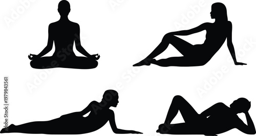 Four silhouette female figures in different relaxing and yoga poses isolated on a white background