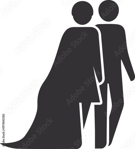 Couple walking together with bride in wedding dress and groom in suit clean silhouette style