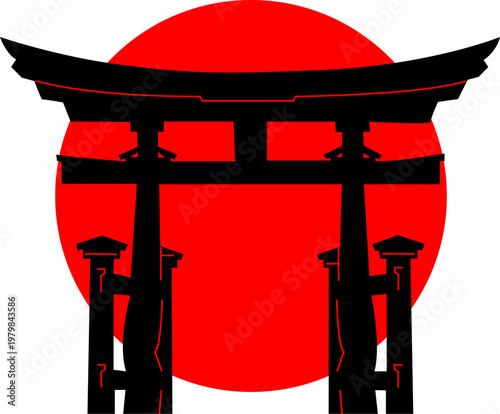 Japanese Torii Gate Silhouette with Red Circle Background Vector