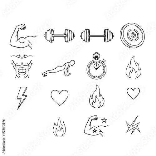Fitness Icons Set: Muscle Weights Workout Heart Fire LightningHand Drawn Sketch Style