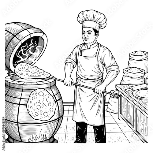 Traditional baker preparing dough in wood-fired oven kitchen illustration