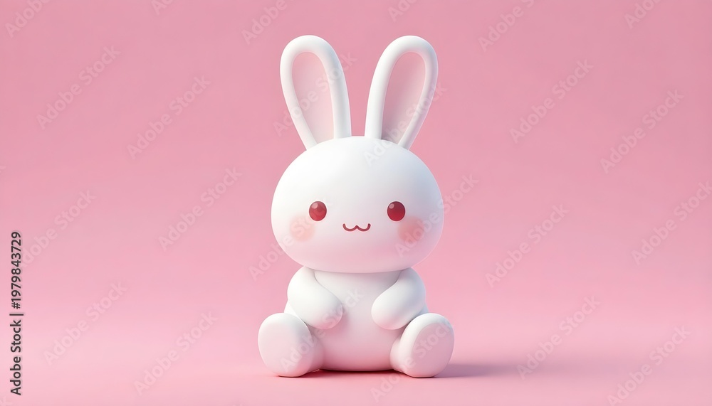Obraz premium Cute 3D white bunny with red cheeks sitting on a pink background