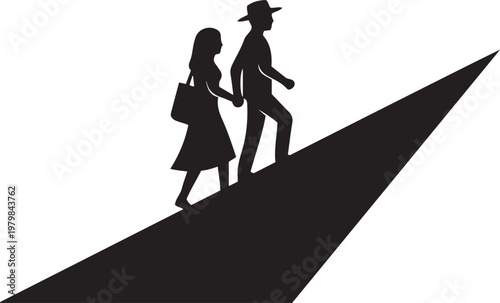 Couple walking up steep incline together holding hands with directional arrow concept