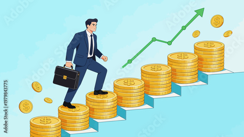 Businessman climbing steps of coins