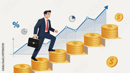 Businessman climbing steps of coins