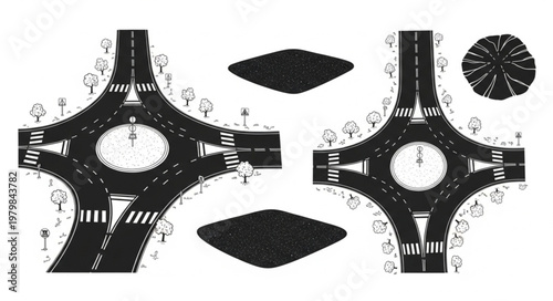 Roundabout intersection illustration with traffic elements and trees.
