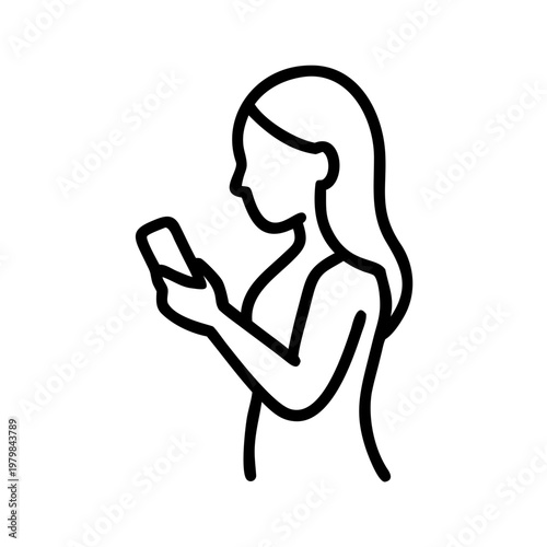 Woman using a smartphone, side view, line art icon