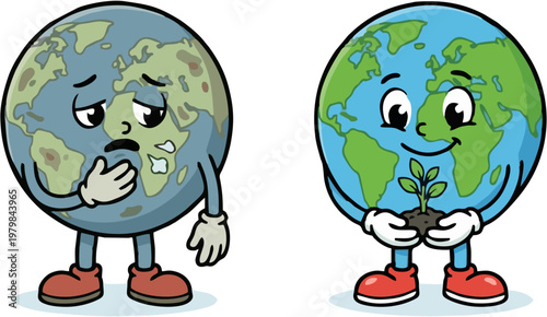 two earth contrast sick vs healthy environment illustration