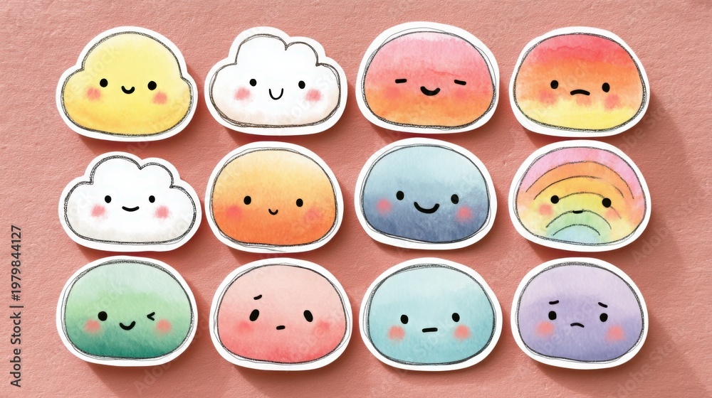 Obraz premium Collection of cute colorful cloud and sun emoji stickers with smiling faces on pink background perfect for stickers and digital decoration