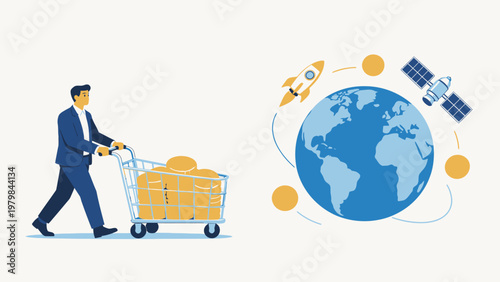 Businessman with cart of coins near globe
