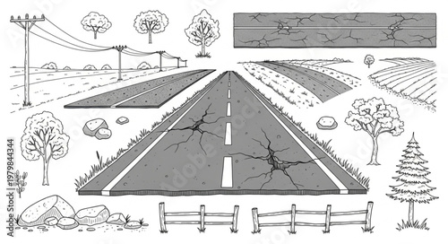 Rural Road Landscape Illustration with Trees and Fields.