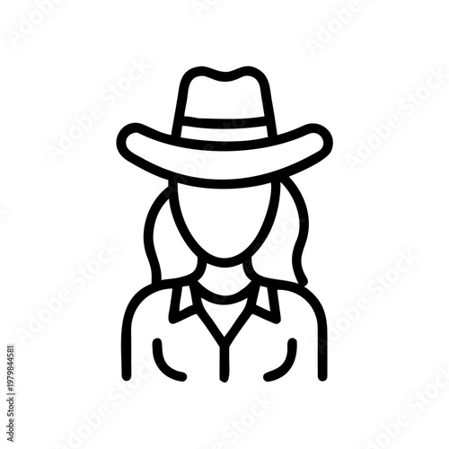 Cowgirl icon, western style woman with hat, outline vector illustration