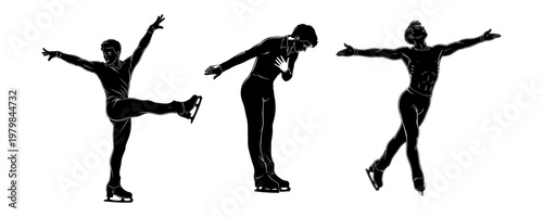 Silhouette of three athletes in dynamic poses against white background for sports and fitness concepts