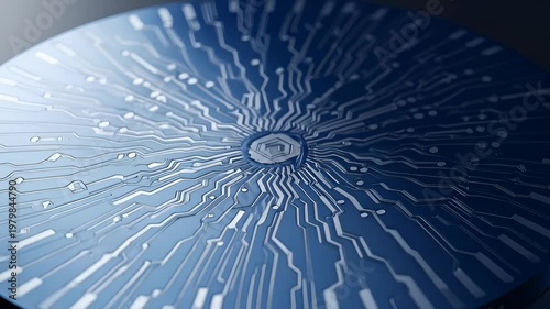 Close-Up of a Futuristic Blue Circuit Board With Hexagonal Center, Technology Concept