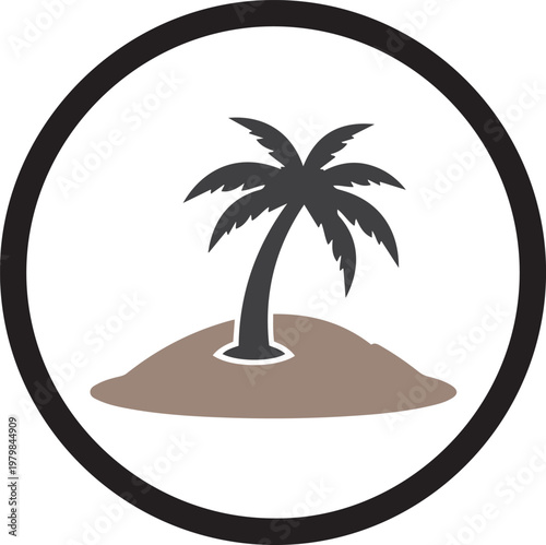Palm tree silhouette on a small island within a circular frame
