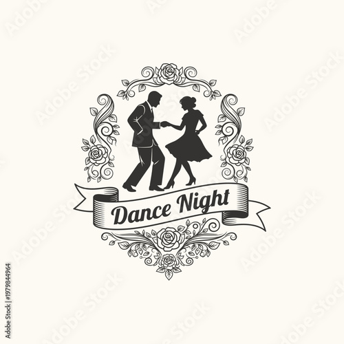 Vintage illustration of dancing couple silhouette.